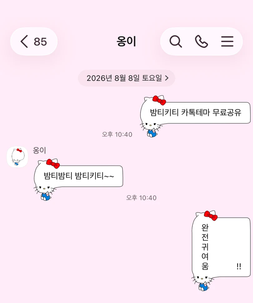 연분홍색 배경과 헬로키티 캐릭터 말풍선이 적용된 밤티키티 카카오톡 대화 화면