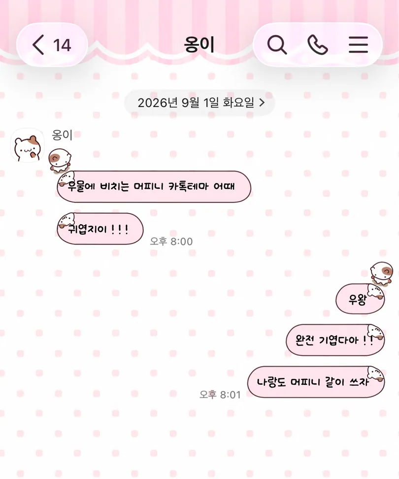 분홍색 줄무늬와 작은 사각 패턴에 머피니 캐릭터가 적용된 카카오톡 대화 화면