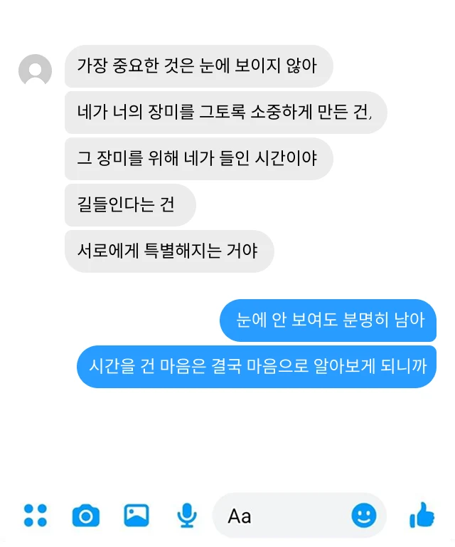 화이트 배경에 회색과 파란색 아이메세지 말풍선이 배치된 대화 화면