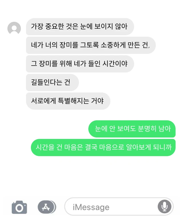 화이트 배경에 회색과 초록색 아이메세지 말풍선이 배치된 대화 화면