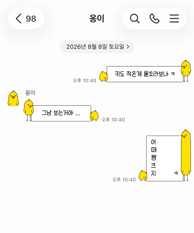 흰색 배경에 크고 작은 키이로이토리 캐릭터가 적용된 카카오톡 대화 화면