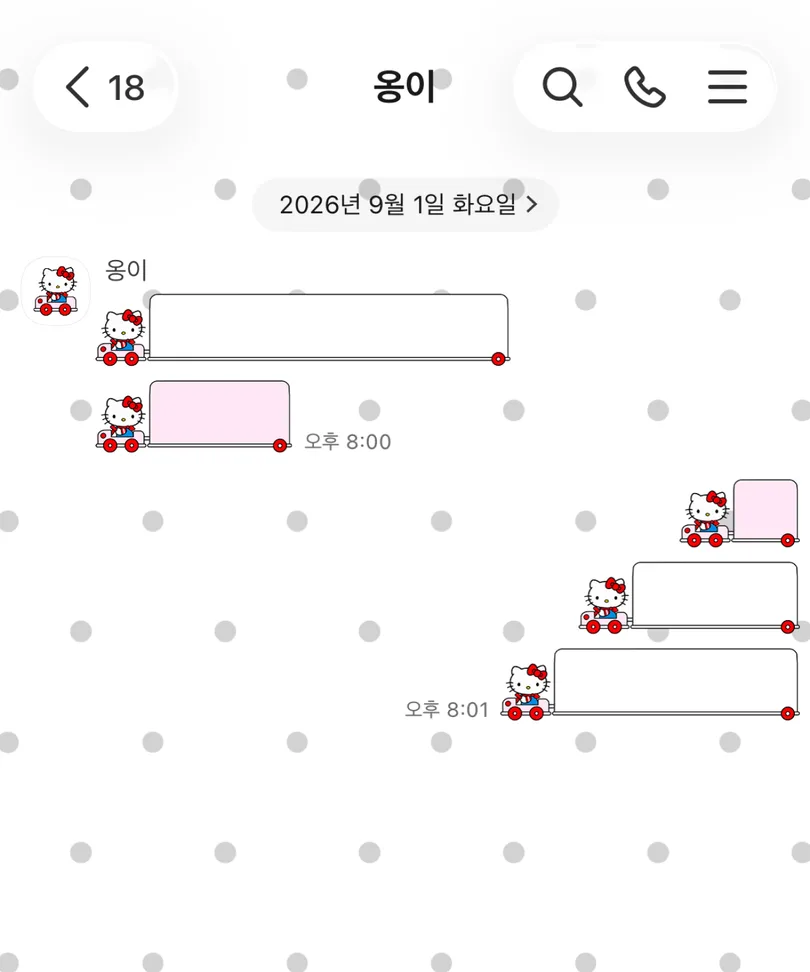 흰색 바탕의 회색 도트 배경과 운전 키티가 적용된 카카오톡 대화 화면