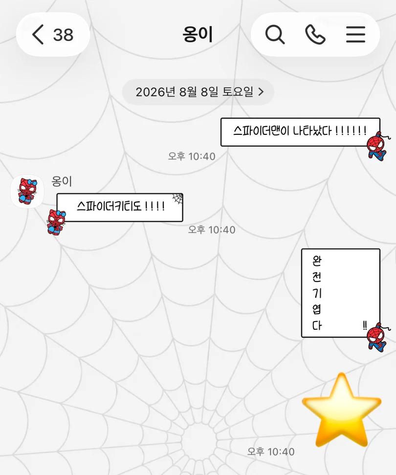 회색 거미줄 배경에 스파이더맨과 스파이더 키티가 적용된 카카오톡 대화 화면