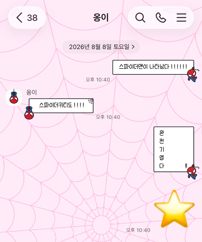 분홍색 거미줄 배경에 스파이더맨과 스파이더 키티가 적용된 카카오톡 대화 화면