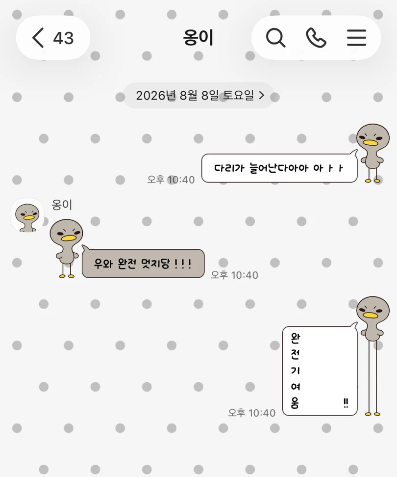 회색 도트 배경에 길게 늘어나는 꼬꼬 캐릭터가 적용된 카카오톡 대화 화면